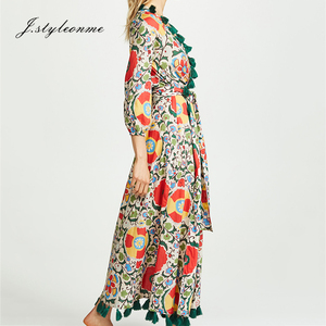 2018 nuevo vestido de las señoras borla de impresión V cuello <span class=keywords><strong>linterna</strong></span> manga larga con cinturón maxi vestido <span class=keywords><strong>verde</strong></span> mujeres - Product Image 4