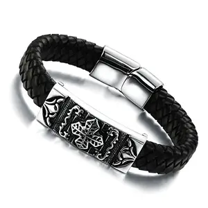 Stainless Steel Exotic Style Bracelets Crucifix Jesus Accessories Genuine Leather Bracelets