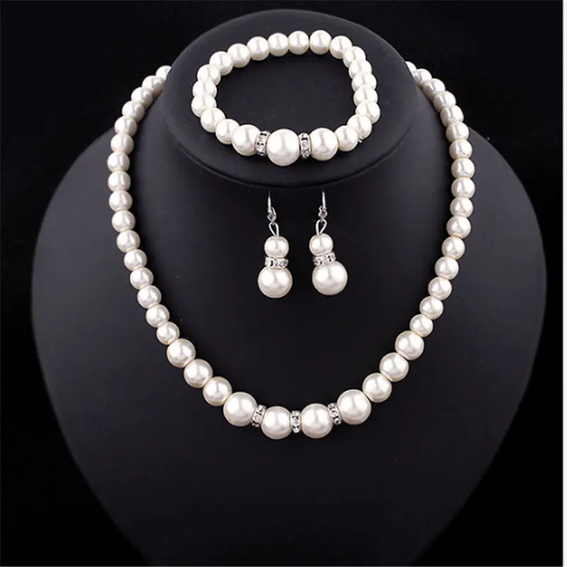 Classic Wedding Bride Jewelry Pearl Costume Necklace earrings Bracelet Jewelry Sets