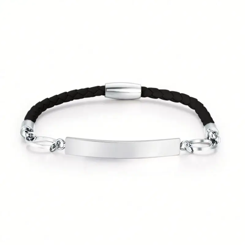 New Products 2018 Men Women Braided Black Leather Cuff Bracelet With Engraved Metal Plate