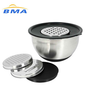Ensaladera, bol, cuenco de acero inoxidable, 24 cm de diámetro, antideslizante con tapa y 3 ralladores para verdura - Product Image 1