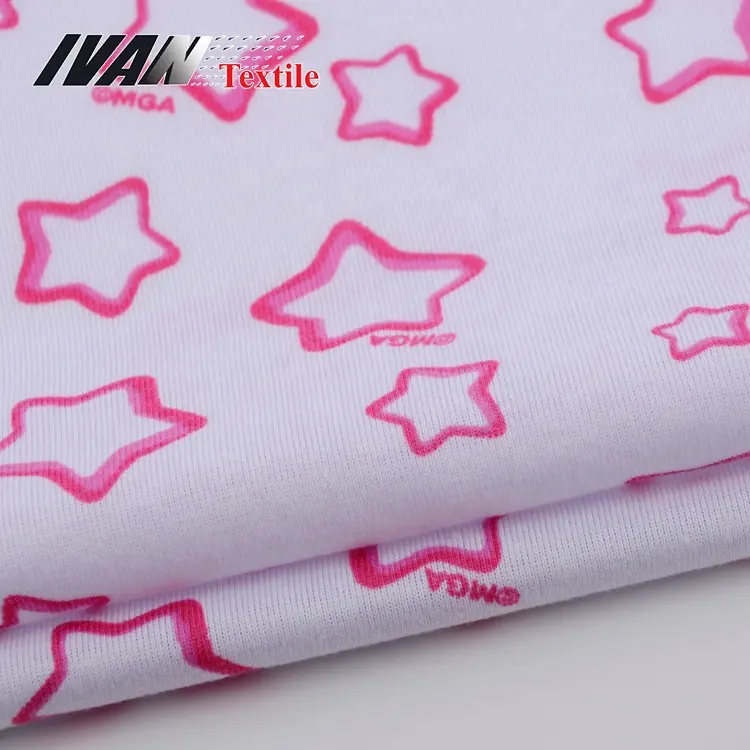 Custom Pattern Poly Spun Pink Star Printed 21S 100% Polyester Knitted Single Jersey Fabrics For Garment