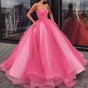 गुलाबी Tulle फैशन गेंद पजामा दुबई लंबे प्रोम पोशाक महिलाओं के लिए