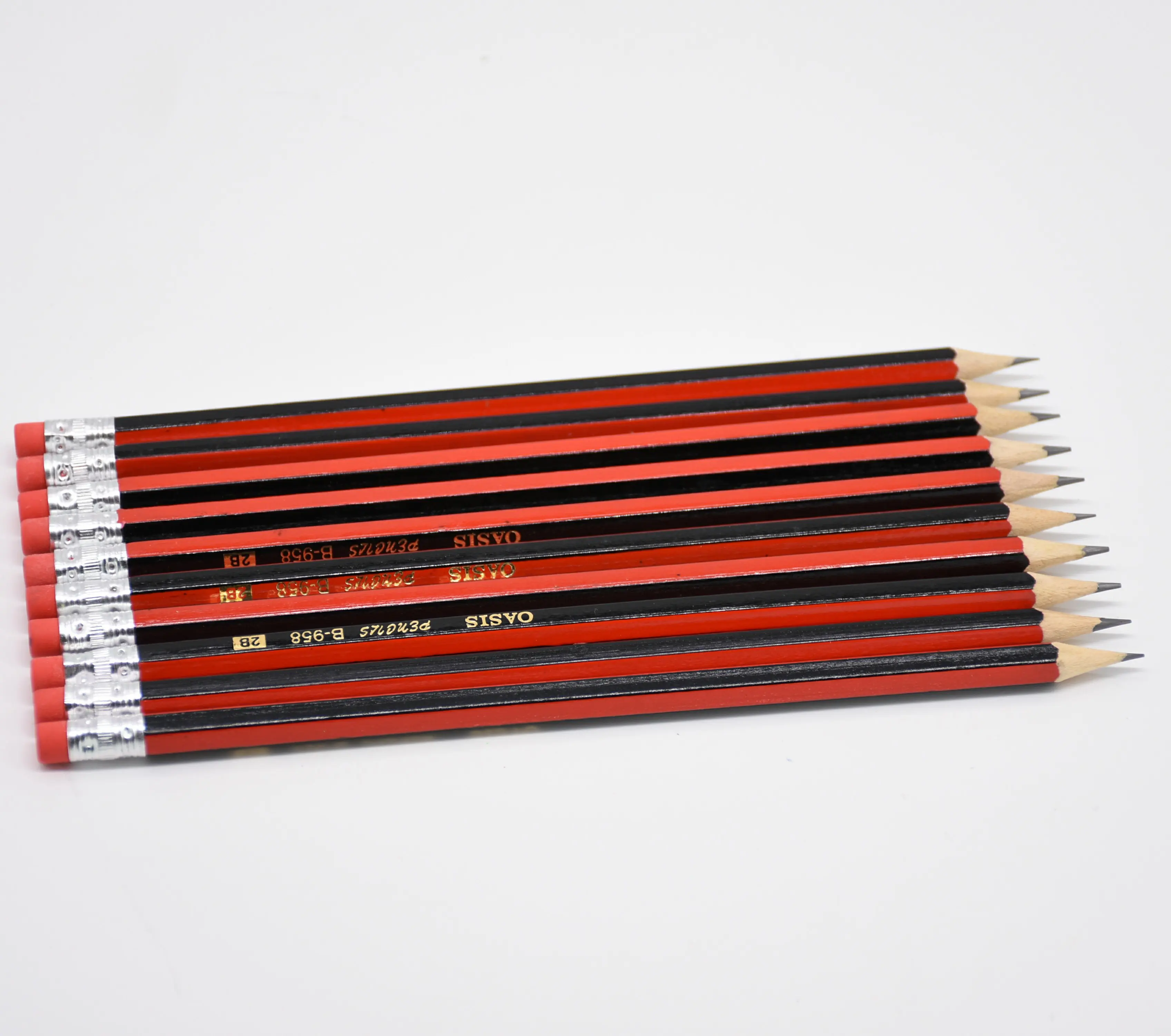 Black +Red Color Striped Wooden Pencil with eraser for school kids