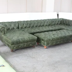 古色古香的绿色复古皮革按钮 tuft chesterfield 沙发