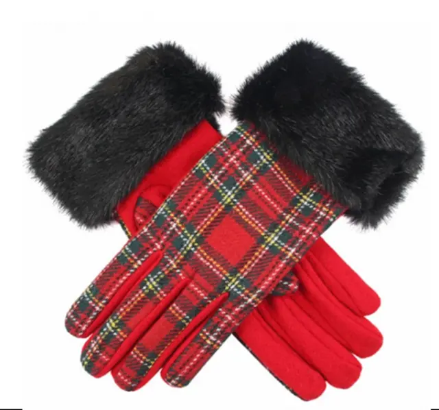 women's tartan gloves with faux fur cuffs ladies plaid wool gloves