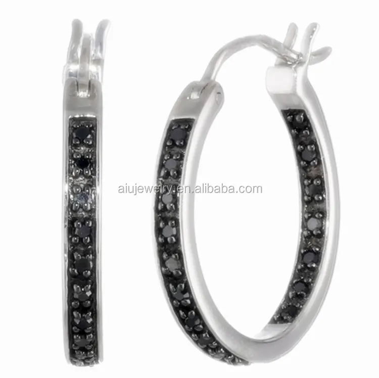 925 Sterling Silver Black Diamond Inside-Out Hoop Earrings