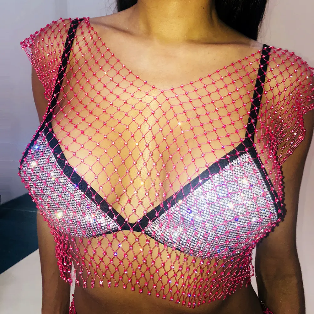 W-C-479A de malla de diamante sin mangas para mujer, Tops cortos sexys de verano para mujer, playeras con diamantes de imitación para fiesta en la playa