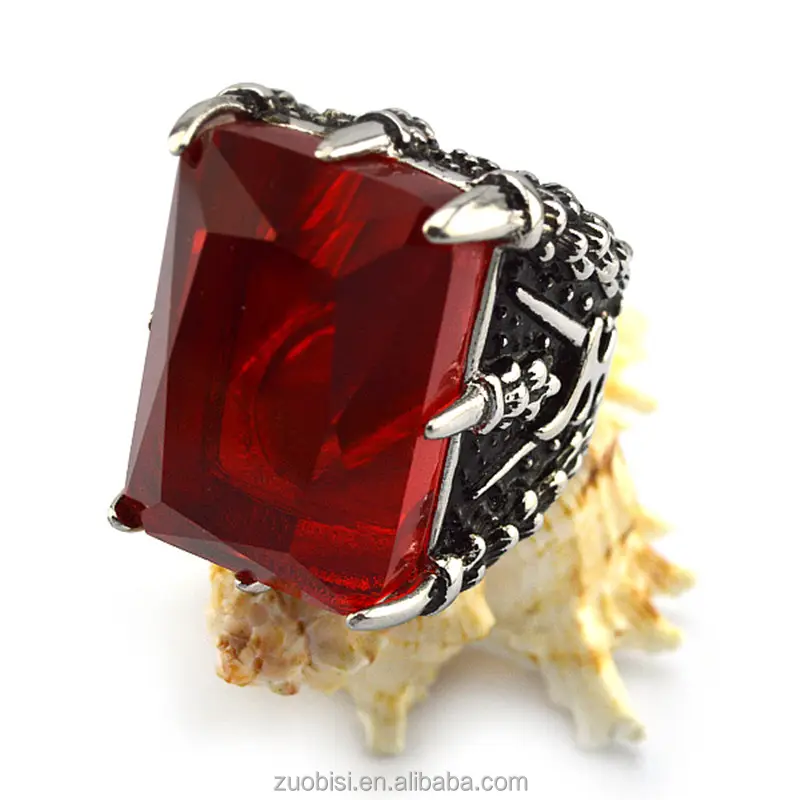 Vintage Viking Crystal Ring Big Red Crystal Stone Stainless Steel Party Jewelry Ring
