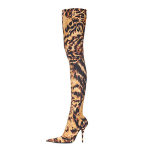 WETKISS Seksi Sivri Burun Diz Çizmeler Üzerinde Kayma <span class=keywords><strong>Stiletto</strong></span> Topuk Yüksek Streç Çizmeler Leopar Kadın Ayakkabı Kaplan Uyluk Yüksek çizmeler - Product Image 4