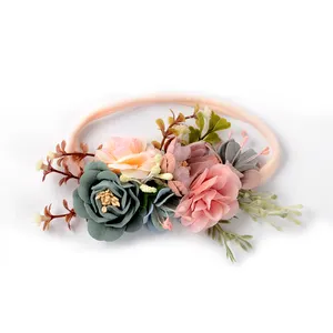 Gratis verzending Nieuwe Hand Made Baby Meisje Halo Boho Bloem Kroon Elastische Nylon Bloemen Pasgeboren Baby Hoofdband Haarband