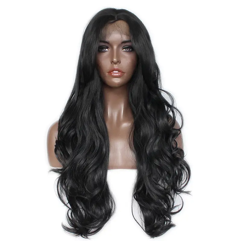 Synthetic Lace Front Wig with Bangs Long Black Body Wave Hair Synthetic Hair Wigs for Black Women
