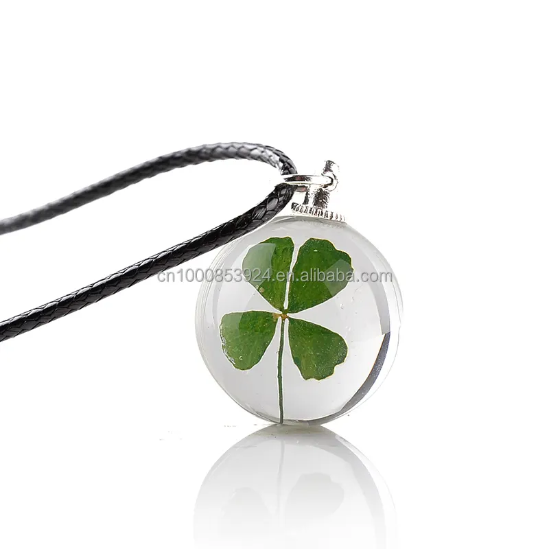 glass Ball four leaf Clover Necklace Leather Chain Dried flowers Pendant Necklaces Women