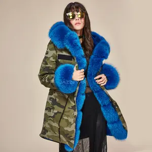 Custom Made Dark Green Long Fluffy Raccoon Fur Lined Women Parka Jacket