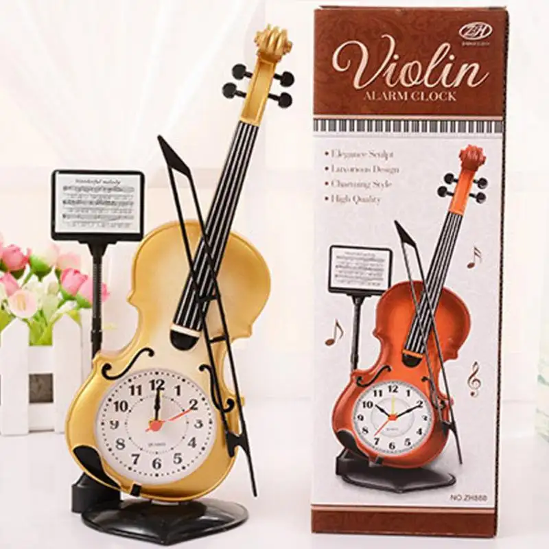 Retro Vintage Alarm Clock Office Supplies Home Decor Handmade Crafts Violin Model Ancient Desk Time Clock Personalized