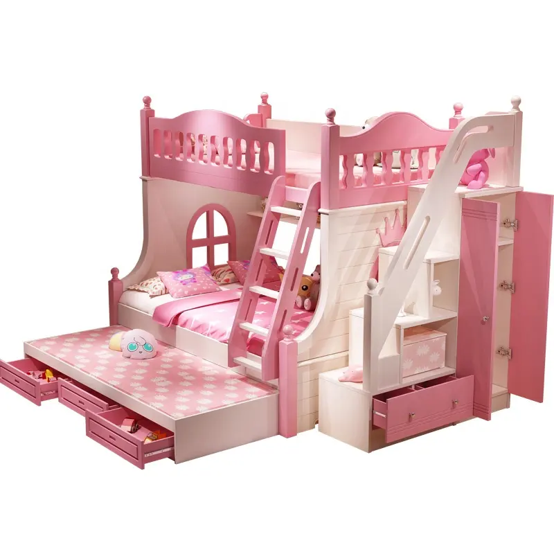 Lit superposé en MDF, lit double pas cher, meubles modernes de chambre d'enfants, rose usine directement, lit de princesse en bois 1.5/1.2/1.35/M sain