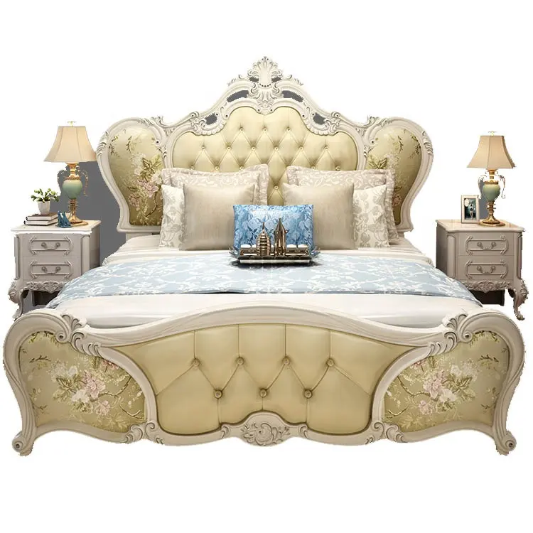 Romano impresión estilo francés color champán Rural cama de princesa elegante Rey reina cama doble de cuero genuino hotel ues cama
