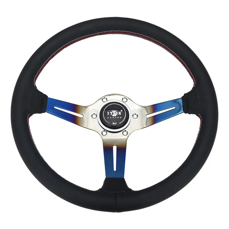 Volant de course de voiture en titane bleu, enveloppe en cuir, bouton klaxon de 14 pouces, pour tuning,