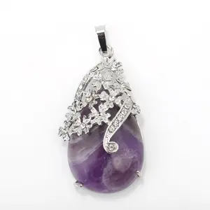 Fashion Amethyst Teardrop Carved Flower Healing Crystal Chakra With Plated Zinc Alloy Pendant Natural Gemstone Jewelry