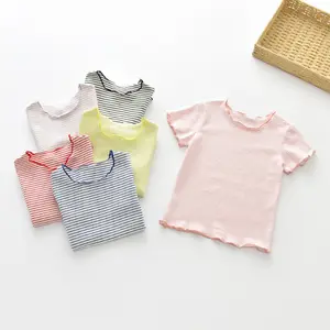Nokta sıcak çocuk t-shirt 2019 yaz erkek ve kız bebek pamuk çizgili gömlek çocuk ahşap kulak t-shirt