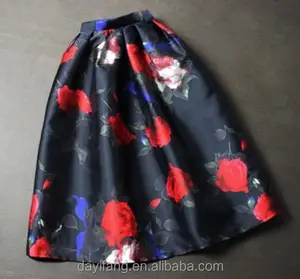 Women black skirt with red roses printed design maxi skirts for fat lady