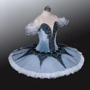 AP062 כחול שלב תחפושות לבן פאף שרוולים ארוך רומנטי בלט ריקוד טוטו שמלות בנות ביצועים ריקוד ללבוש בנות שמלה