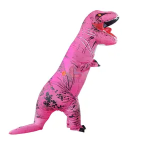 Pink inflatable tyrannosaurus rex, adult dinosaur inflatable costume, is in the Jurassic park