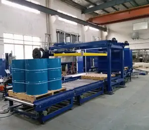 automatic 200-300L oil drum production line with lid openning, closing, filling, pallet feeding, stacking, binding, wrapping