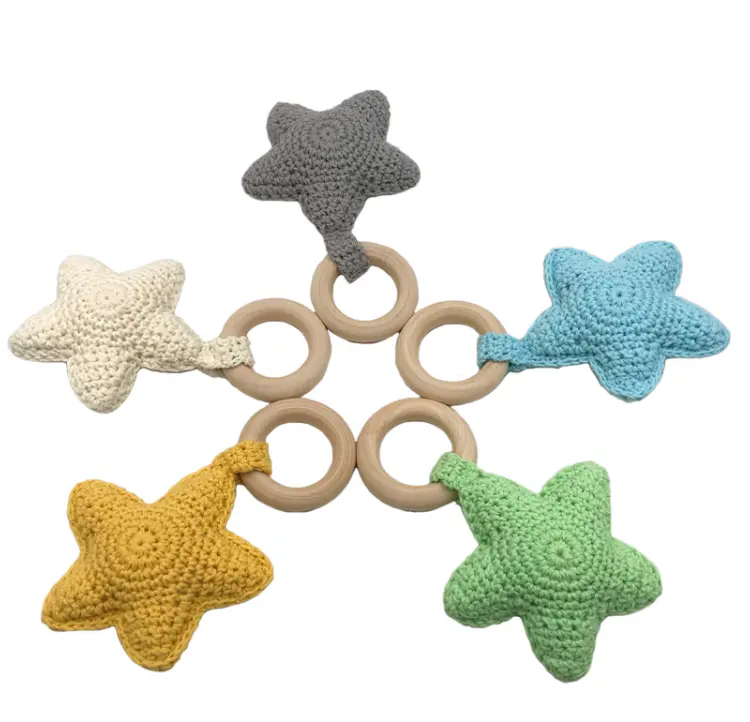 Hot sale Organic Natural Wooden Crochet Baby Infant Teething Ring Chewing Toy Star Teether