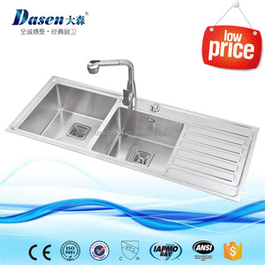 Silver color hand built double bowl drainboard trough sink Foshan factory - Product Image 5