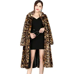 Los mejores vendedores leopardo Imitación Piel de zorro larga las mujeres abrigos de empalme de longitud completa