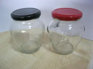 Toples Kaca Berbentuk Bola 300Ml, Toples Kaca dengan Telinga Kecil untuk Penyimpanan Madu dengan Tutup Sekrup Logam Hitam dan Merah