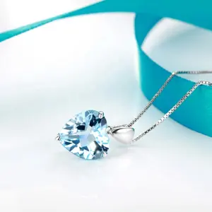 Colgante de topacio de cristal azul, collar con forma de corazón de océano, plata 925