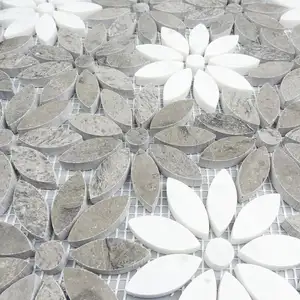 Flower Pattern White Carrara Waterjet Marble Mosaic For Kitchen Backsplash