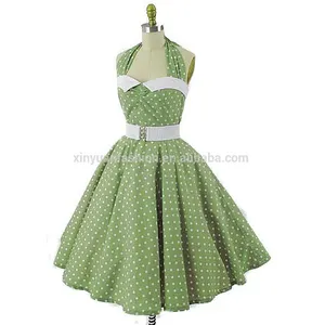 خمر نمط الفتيات الأخضر الأبيض البولكا نقطة فستان محكم من عند الصدر ويتدلى بشكل واسع