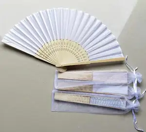 Cheap gift white silk or paper wedding hand fan with organza bag