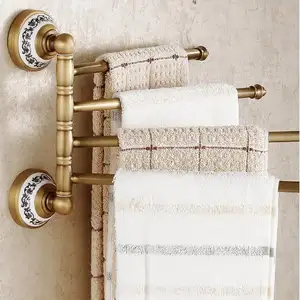 Luxury Wall Mounted Antique Brass Bathroom 4 Branches Rotatable Towel Bar