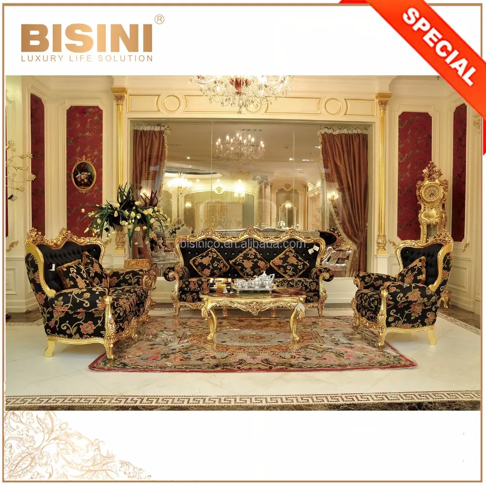 Ancient Style Gold and Black Floral Design Sofa Seats with Crystal Tufted on Back