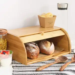 Houselin Bamboo Wooden roll top double bread box bin, kitchen food storage, container bin with shaped cutting board lid set