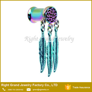 De acero inoxidable de la pluma cuelgan dreamcatcher tapones de oído del túnel - Product Image 5