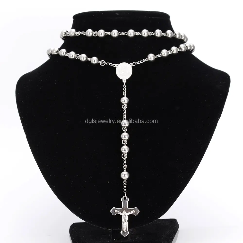 Perle in Acciaio Inox Silver Cross Gesù Collana Del Rosario