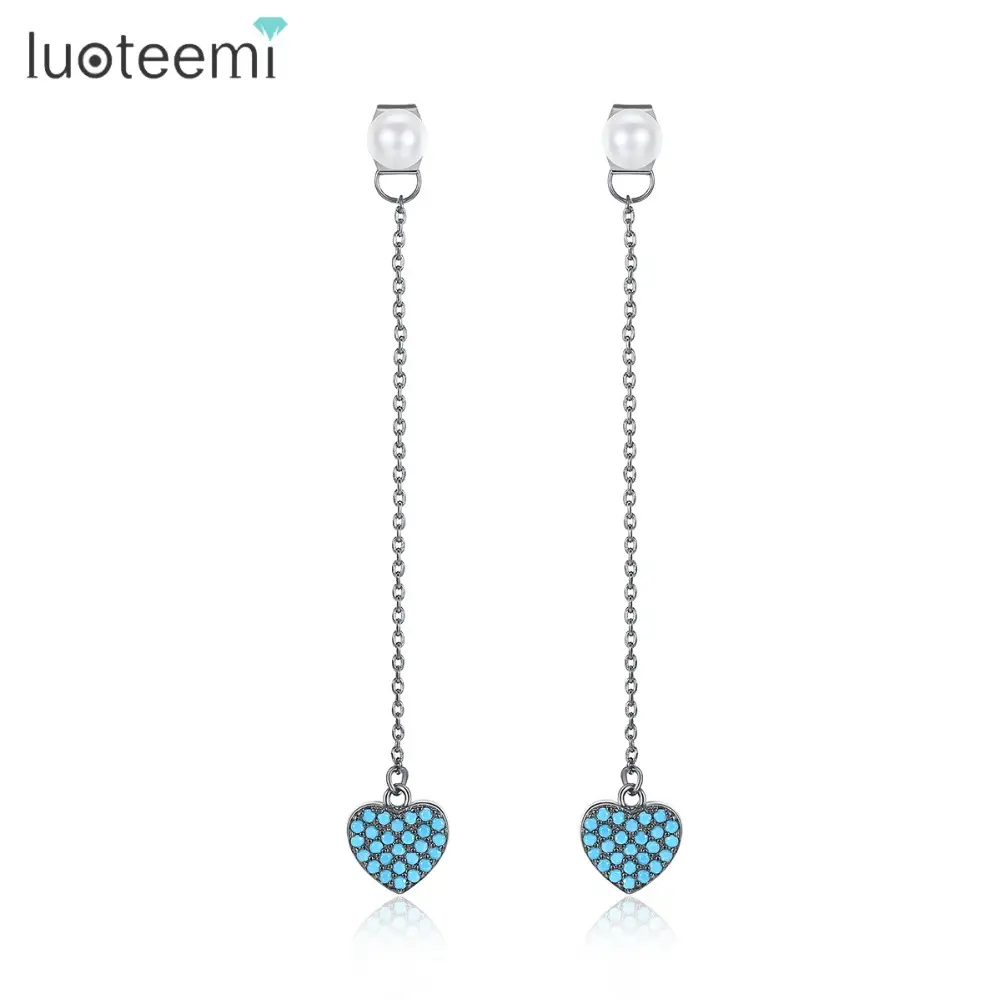LUOTEEMI Created Pearl with Heart Pendant Drop Chandelier Long Dangle Earrings For Women Bridal Wedding Party Bijoux Brincos
