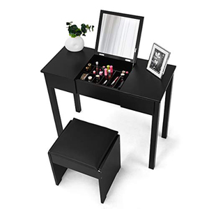 Meubles <span class=keywords><strong>de</strong></span> <span class=keywords><strong>Chambre</strong></span> noire <span class=keywords><strong>Commode</strong></span> Coiffeuse Coiffeuse <span class=keywords><strong>De</strong></span> Maquillage avec Flip Top Miroir 2 Tiroirs et 3 Organiseurs Amovibles - Product Image 1