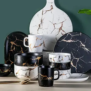Set Mangkuk Keramik Mewah untuk Sup, Nasi, Set Peralatan Makan Mangkuk Keramik Marmer Retak Emas