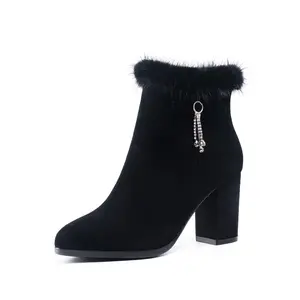 Nieuwkomers 2021 H390 Effen Lederen Winter Hoge Hak Pluche Kraag Kid Suede Laarzen Zip Enkel Vrouwen Laarzen