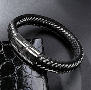 Commercio all'ingrosso Gioielli Fibbia Magnetica Del Polsino Del Braccialetto Del Mens Genuino In Acciaio Inox Bracciali In Pelle Intrecciata - Product Image 2