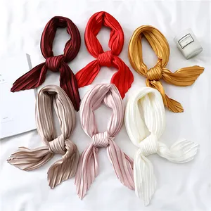 LRTOU Wholesale Custom Printing Girls Pleated Silk Scarves Fashion Solid Color Satin Silk Crinkle Square Neck Scarf For Women