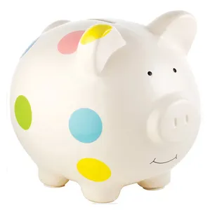Hucha grande de cerámica única para niños con blanco y lunares - Product Image 1
