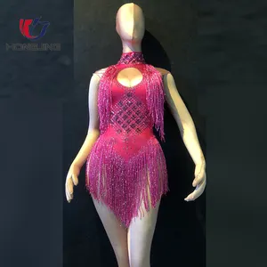 Ladysleeveless Sparkly Steentjes Bodysuit Zilver Goud Glas Stenen Kwasten Jumpsuit Sexy Vrouwelijke Nachtclub Dj Ds Kostuums-Show