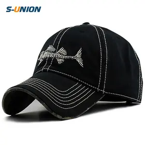 S-UNION 6面板棉棒球帽刺绣鱼爸爸帽子户外运动帽复古水洗钓鱼帽帽男女